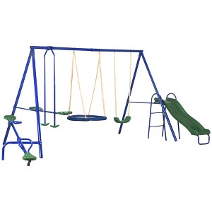 BABYYER Outdoor Swing Set, A-Frame Stand Playset with Saucer Swing, Slide, Seesaw, Glider and Swing Seat, Backyard Playground for Kids 3-12 - 1 of 4