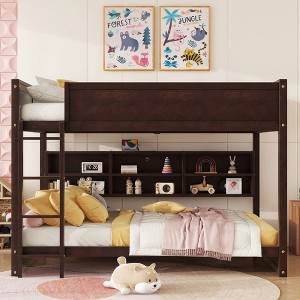 Sapphtopaz Wood Queen Size Bunk Bed with Charge Station&Built-in Storage Cabinet,Bed Frame with Ladder&Guardrail,Space-Saving Bed for Kids&Teen - 1 of 4