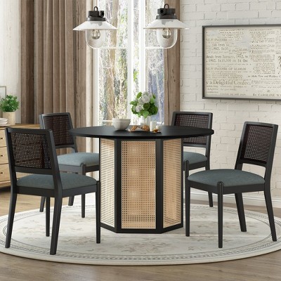 5 Piece Dining Table Set, Rattan Kitchen Table Set for 4 Persons, Wood Table and Chairs Set For Dining Room, Living Room, Kitchen Indoor Use