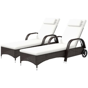 Resenkos 2 Reclining Chaise Lounge Chairs, Rolling Outdoor Chairs With Cushion, Pillow, Headrest, Armrests, And Wheels, Brown, Cream White - 1 of 4