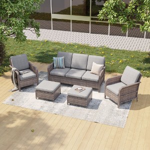Sonkuki 5 Pieces Patio Sofa with Ottomans Set, All-Weather PE Rattan Wicker, Patio Conversation Couch with Cushion - 1 of 4