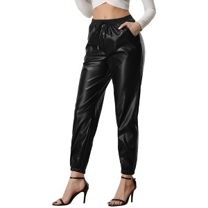 Allegra K Women's Drawstring High Waist Faux Leather Tapered Joggers Pants - 1 of 4