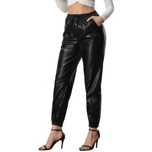 Allegra K Women's Drawstring High Waist Faux Leather Tapered Joggers Pants  Black X-Small