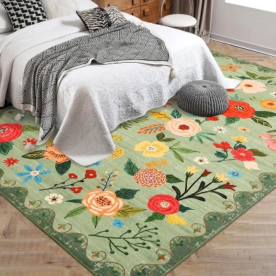 Garvee Floral Area Rug -Machine Washable Large Rugs, Non Slip Vintage Low Pile Soft Carpet, for Bedroom, Dining Room