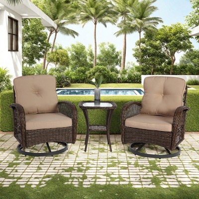 FURNIinspire Patio Seating Sets 3 Pieces Outdoor Rocking Swivel Chair Set, Patio 360 Degree Rocking Chair With Coffee Table, Khaki , 25“*29”*34“