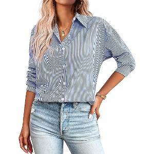 Zeagoo Striped Button Down Shirts for Women Casual Loose Long Sleeve Shirts Business Work Tunic Top - 1 of 4