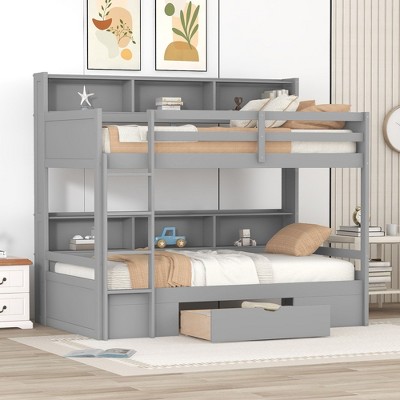 NicBex Twin Size Bunk Bed with Guardrail and 1 Storage Drawer,Loft Bed with Ladder and Built-in Shelves,Noise Reduced Bunk Beds for Bedroom