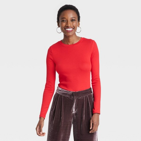 Women's Slim Fit Long Sleeve Ribbed Crewneck T-shirt - A New Day™ Red Xl :  Target