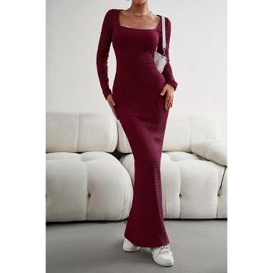 Women's Square Neck Long Sleeve Knit Dress Slim Fit Stretchy Bodycon Sweater  Dress Casual Elegant Red wine XL : Target