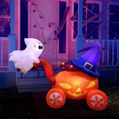 SYNCFUN 5ft Long Halloween Inflatable Pumpkin Carriage with Witch Hat for Halloween Party Indoor, Outdoor, Yard, Garden, Lawn Decoration