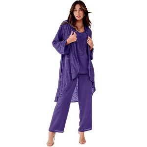 Roaman's Petite Plus Size Beaded Georgette 3-Piece Pant Set – Formal Wear - 1 of 4