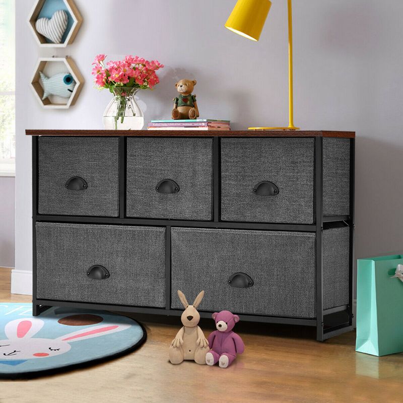 Costway Fabric Dresser Storage Unit Side Table w/ 5 Drawers Metal Frame Brown\Black Table Top, 4 of 11