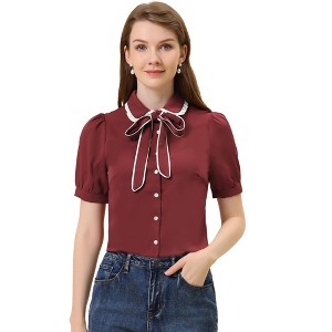 Allegra K Women's Peter Pan Collar Bow Tie Neck Work Office Button Down Shirt - 1 of 4