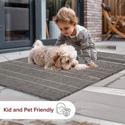 Modern Striped Gray Synthetic 64" Rectangular Easy-Care Rug