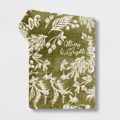 Merry Christmas Botanical Printed Plush with Sherpa Reverse Throw Blanket Green - Threshold™