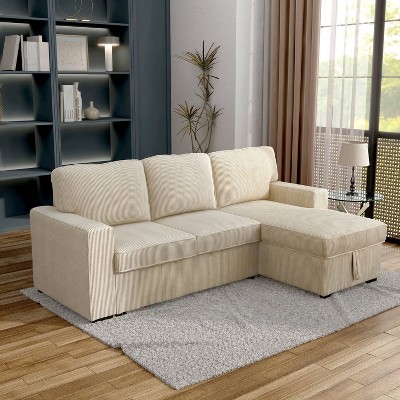 Beige Corduroy Sectional Sofa with Storage and Ottoman