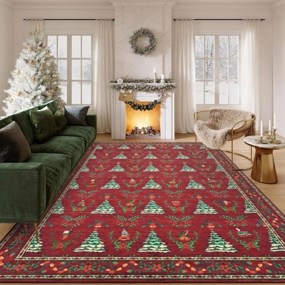 Christmas Area Rug, Xmas Tree Print Foldable Carpet with Non Slip Backing, Low Pile Stain Resistant Floor Carpet for Living Room, Bedroom