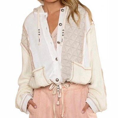 Women's Cut Sew Multi Fabric Hooded Button Down Shacket - POL