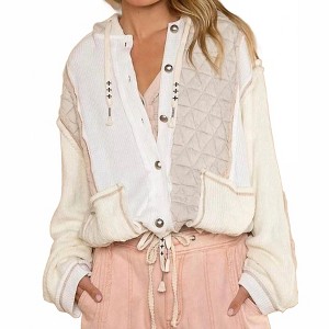 Women's Cut Sew Multi Fabric Hooded Button Down Shacket - POL - 1 of 4