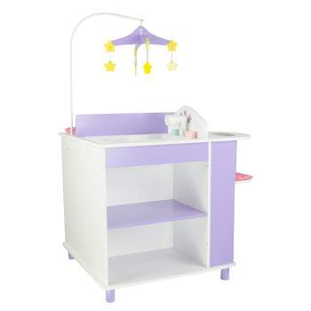 Baby Doll Changing Table for 18” Dolls & Stuffed Animals- Wooden Diaper  Station, Changing Pad, Storage Basket by Hey! Play! 