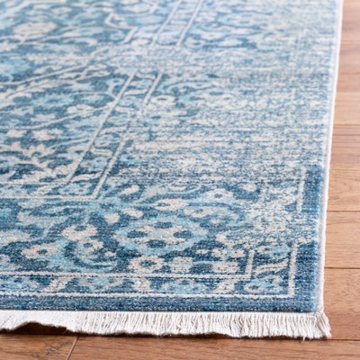 Blue and Ivory Floral Motif Synthetic Runner Rug