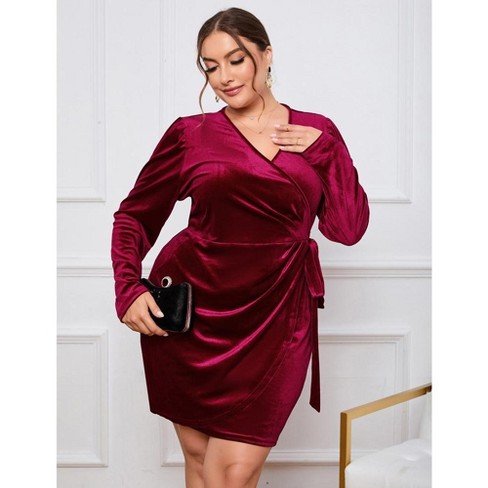 Whizmax Women s Plus Size Dress Velvet Dress Long Sleeve Party Dress Sexy Wrap V Neck Wrap Bodycon Dress For Cocktail Red Wine 4xl Target