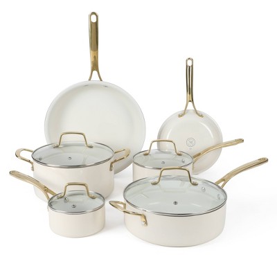 Linen White 10-Piece Nonstick Enamel Aluminum Cookware Set with Gold Handles