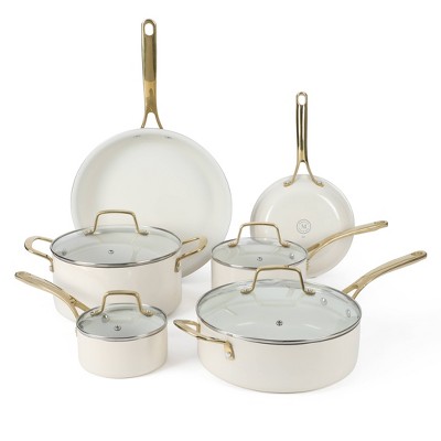 Martha Stewart 10pc Lockton Premium Nonstick Ceramic Enamel Aluminum Set Linen White: Skillets & Fry Pans, Cooktop Compatible