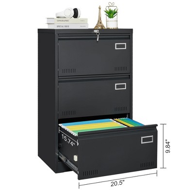 SeaCamel black locking metal lateral file cabinet with three drawers, dimensions shown