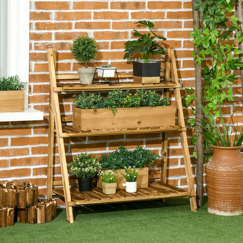 Outsunny Outdoor Plant Stand, Foldable Flower Stand 3-Tier Wooden Plant Shelf for Garden Indoor Outdoor, 2 of 7