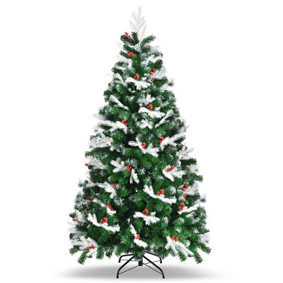 Costway 6ft Unlit Snowy Hinged Christmas Tree w/ 818 Mixed Tips & Red Berries