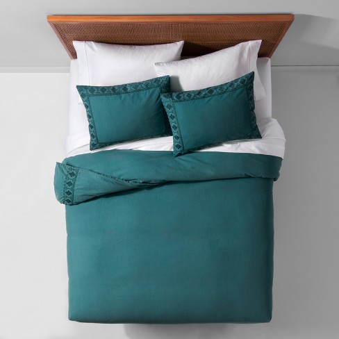 Teal Garment Washed Tribal Border Duvet Cover Set Full Queen