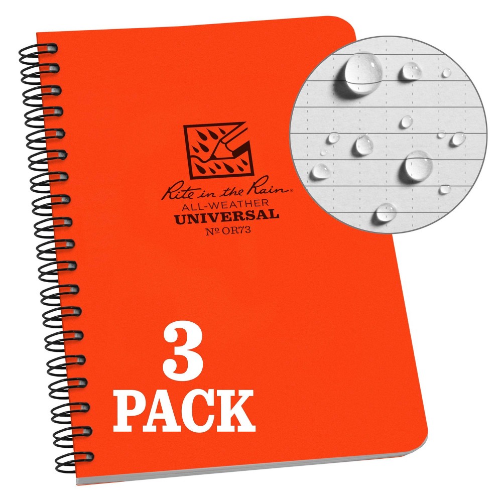 3pk Spiral Notebook 1 Subject Special Ruled 4.875" X 7" Orange Rite In The Rain