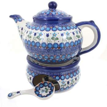 Blue Rose Polish Pottery 1886 Vena Teapot with Warmer & Candle Holder