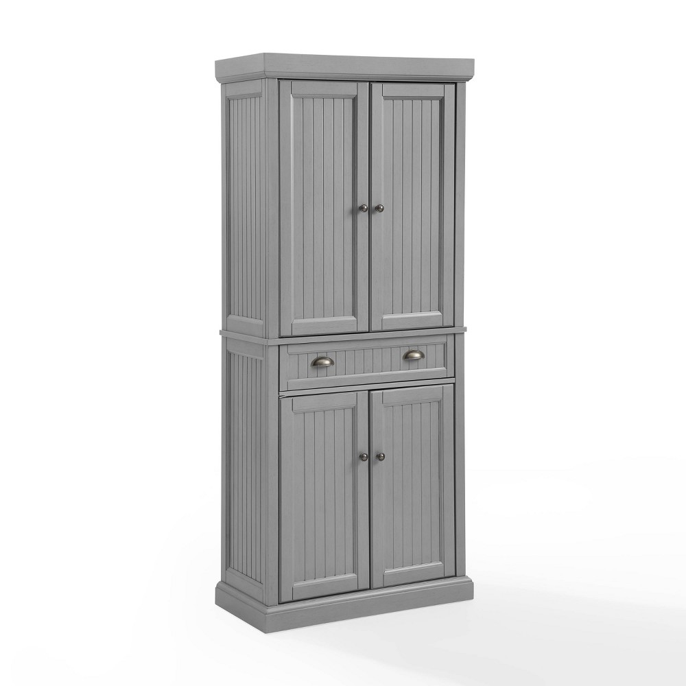 Crosley Seaside Pantry Distressed Gray: Traditional Style Kitchen Hutch, 4-Door Storage Cabinet with Adjustable Shelves