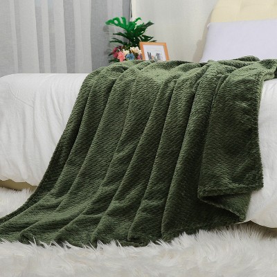 1 Pc Twin Polyester Long Shaggy Bed Blankets Army Green  - PiccoCasa