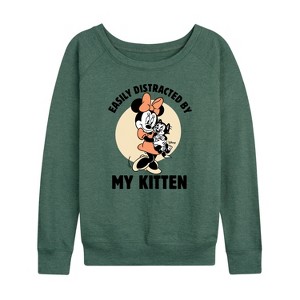 Women's - Disney Classics - Easily Distracted By Kittens Minnie Lightweight French Terry Wide Neck Long Sleeve Shirt - 1 of 4