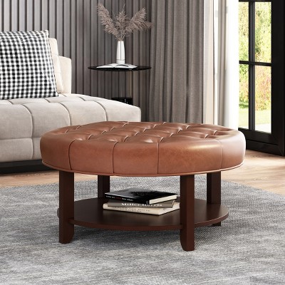 32"W Round Ottoman, Coffee Table,  Accent Table with PU Upholstery, Button Tufting Design and Rubberwood Frame-Christopher Knight Home