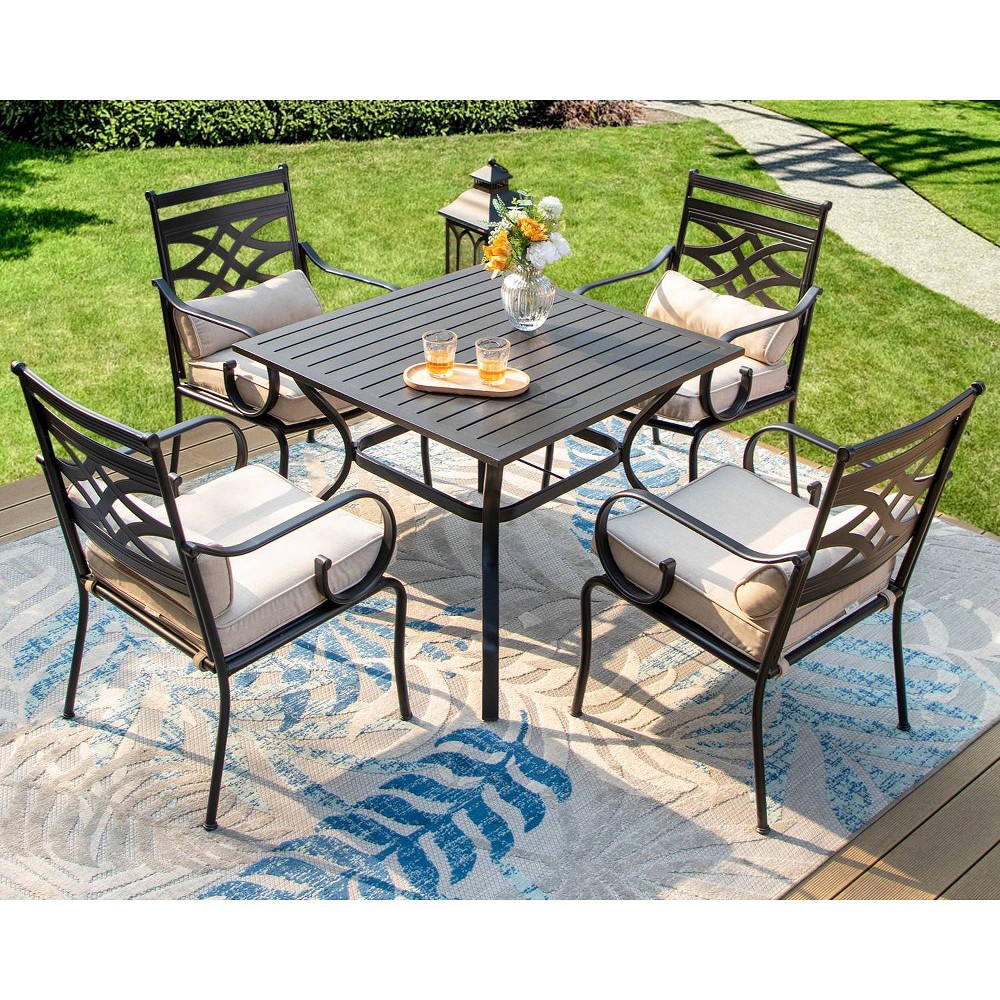 Photos - Garden Furniture 5pc Outdoor Dining Set with Seat & Back Cushions & Square Metal Table with