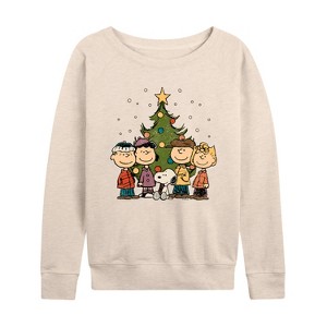 Women's Peanuts Peanuts Christmas Group Lightweight French Terry Wide Neck Long Sleeve Graphic Shirt - Birch - 1X - 1 of 4