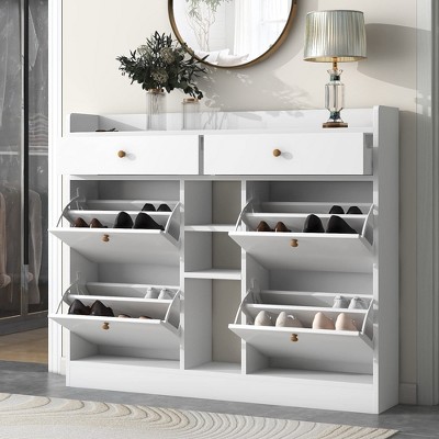 FreeStanding Shoe Rack with 4 Flip Drawers,Shoe Storage Cabinet with Adjustable Shelf,Slim Hidden Shoe Organization for Small Space Hallway