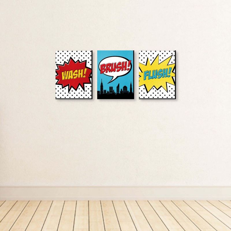 Big Dot of Happiness Bam Superhero - Kids Bathroom Rules Wall Art - 7.5 x 10 inches - Set of 3 Signs - Wash, Brush, Flush, 3 of 8