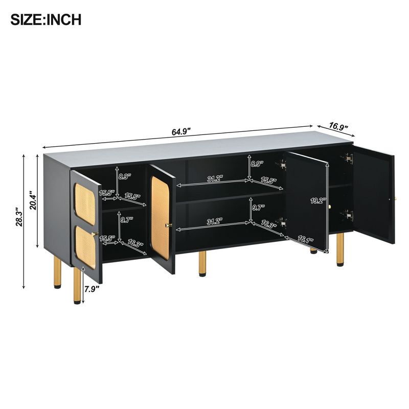 64.9" TV Stand with Rattan Doors, Fits TVs Up to 70", Woven Media Console Table with Gold Metal Base - ModernLuxe, 3 of 13