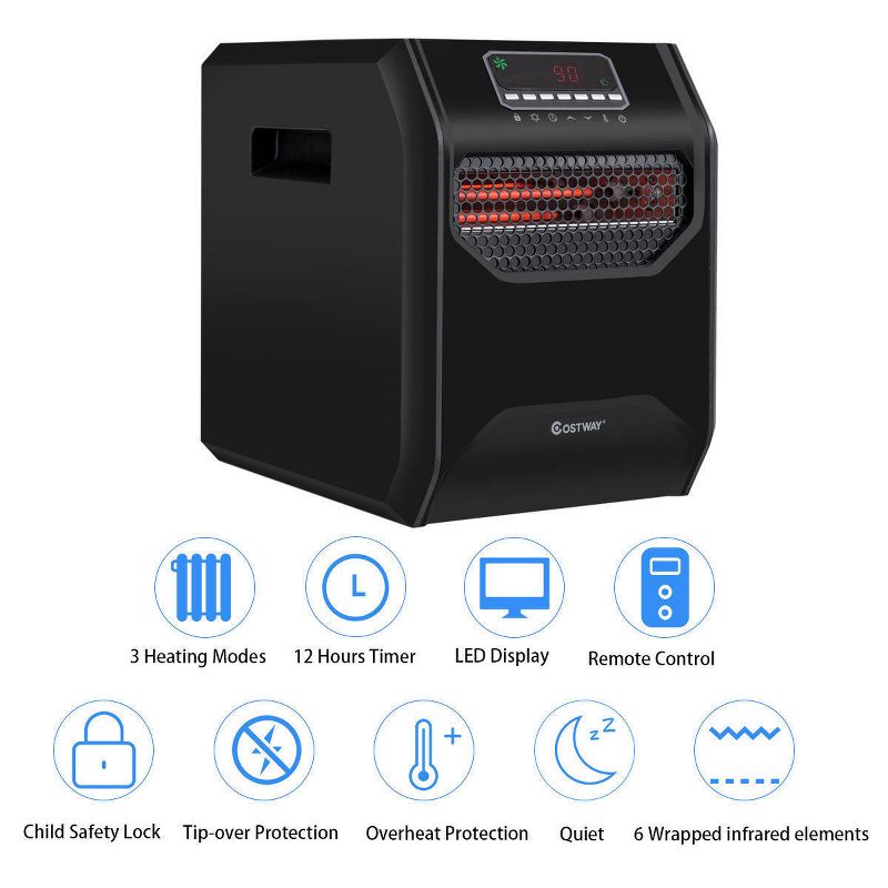 Costway Portable Electric Space Heater 1500W 12H Timer LED Remote Control Room Office, 4 of 11