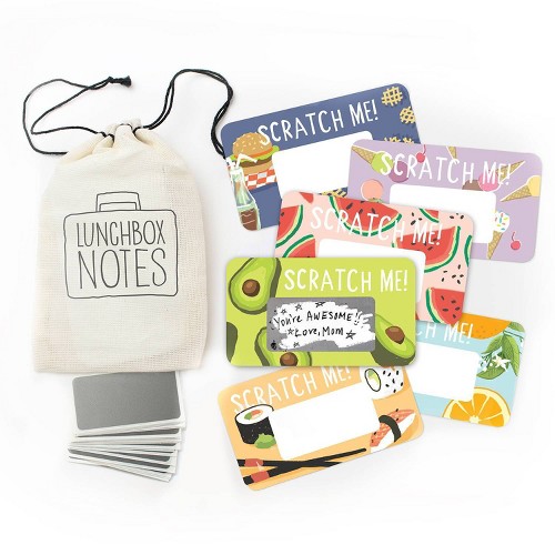 tiny drawstring bag that says 'lunchbox notes' next to 6 scratch off lunch box notes