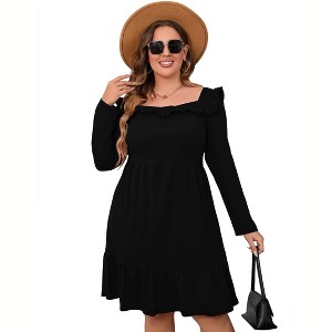 Women's Square Neck Long - Sleeve Dress with Ruffle Trim & Tie Detail, Flowy Midi Dress for Casual & Semi - Formal - 1 of 4