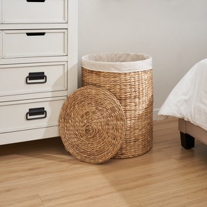 Gulches Round Tall Water Hyacinth Woven Wicker Laundry Hamper with Lid£¬For Clothes, Canvas, Toys and Book Storage with Removable Liner£¬Natural Brown - 1 of 4
