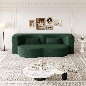 Okak Modern Convertible Sectional Sofa Couch Floor Sofa with 2 Pillows Teddy Fabric Upholstered Sofa Folding Mattress No Assembly Required, Green - 1 of 4