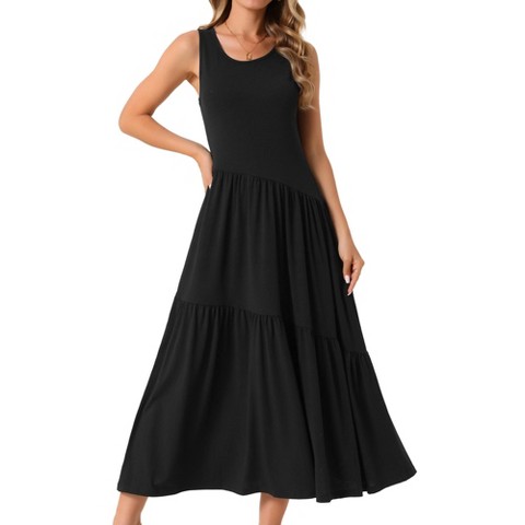 Женские платья INSPIRE CHIC Women's Summer Casual Sleeveless Crewneck Aline Flowy Tiered Maxi Long Beach Sundress Black Large