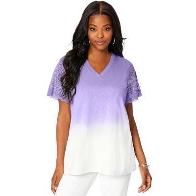 Roaman's Women's Plus Size Lace-Sleeve Ombre Slub Tee